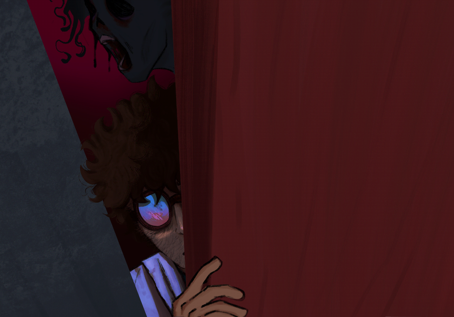 Dr. H peering through doorway with shadowy figure behind him - animated gif - Tweening